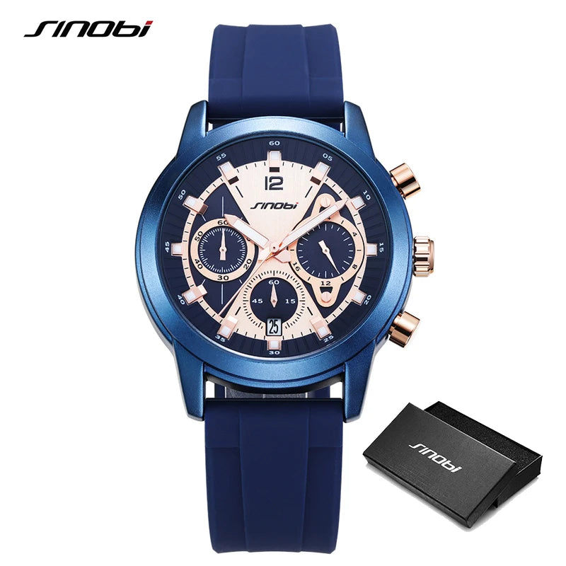 SINOBI Luxury Watch for Men Waterproof Luminous Date Chronograph Man Watch Sport Quartz Silicone Men's Watches With Box
