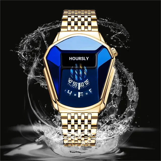HOURSLY 6617 Fashion Men's Watches Motorcycle Cool Waterproof Sport Wristwatch Quartz Stainless Steel Leather GoldClock Watch
