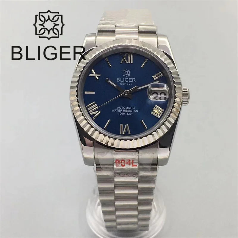 Stylish BLIGER Men's Watches with NH35 Movement 36mm/39mm President Bracelet Fluted Frame ScratchResistant Sapphire Glass