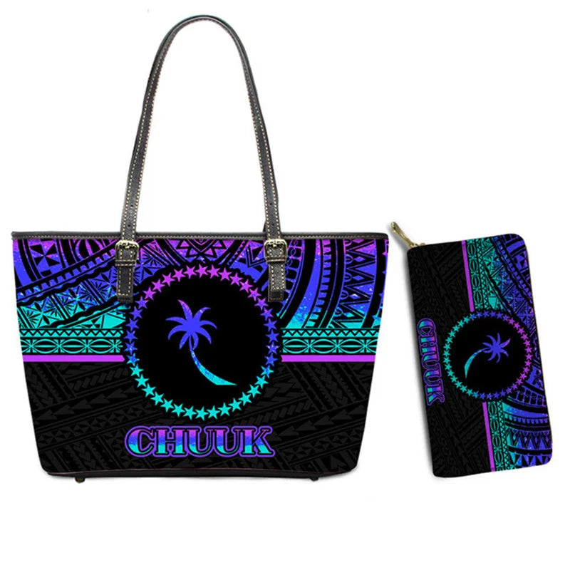 Hawaiian Flower Polynesian Design Print Women Handbags and Purses Set Customized Large Leather Tote Matching Long Zipper Wallet