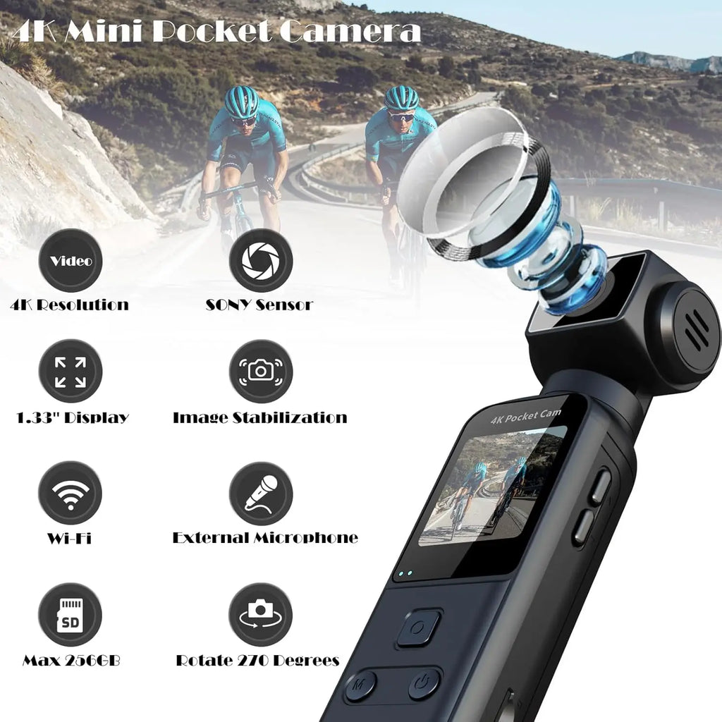 4K Body Camera with External Microphone, Mini Video & Audio Pocket Cam 180° Rotation Camera