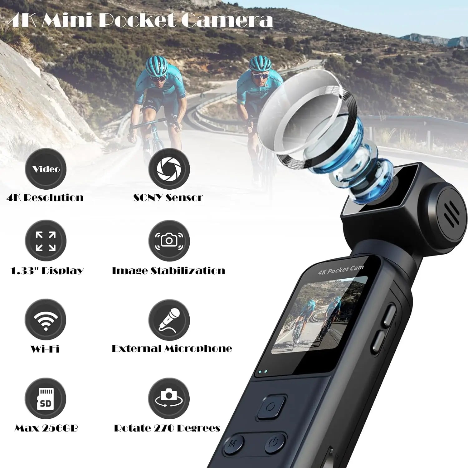 4K Body Camera with External Microphone, Mini Video & Audio Pocket Cam 180° Rotation Camera