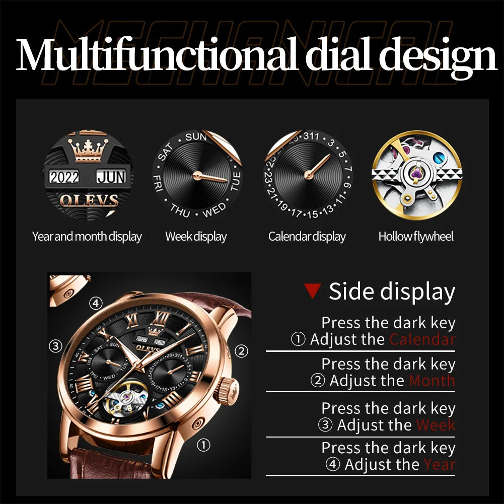 OLEVS 6668 Men's Watches Mirror Original Mechanical Watch for Man Waterproof Luminous Wristwatch Male Date Hours