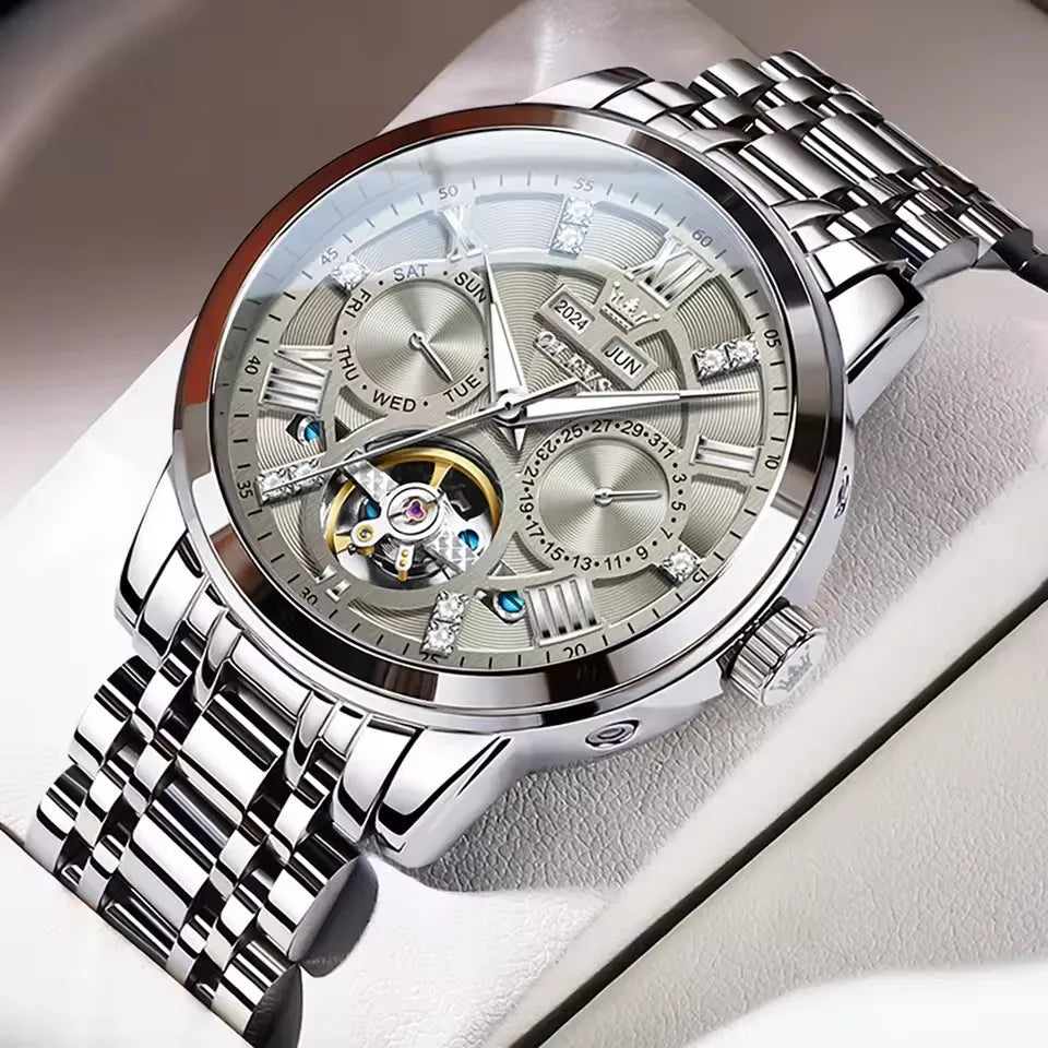 OLEVS 6701 Tourbillon Mechanical Skeleton Hollow Out Men's Watches Automatic Stainless Steel Strap Original Wristwatch for Men