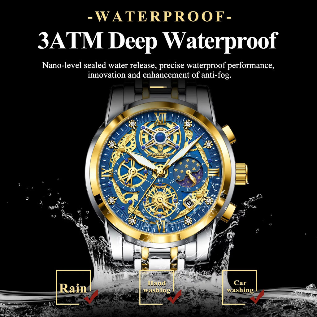 POEDAGAR 984 Luxury Fashion Watch Men Waterproof Luminous Auto Date Chronograph Japan Quartz Stainless Steel Strap Men's Watches