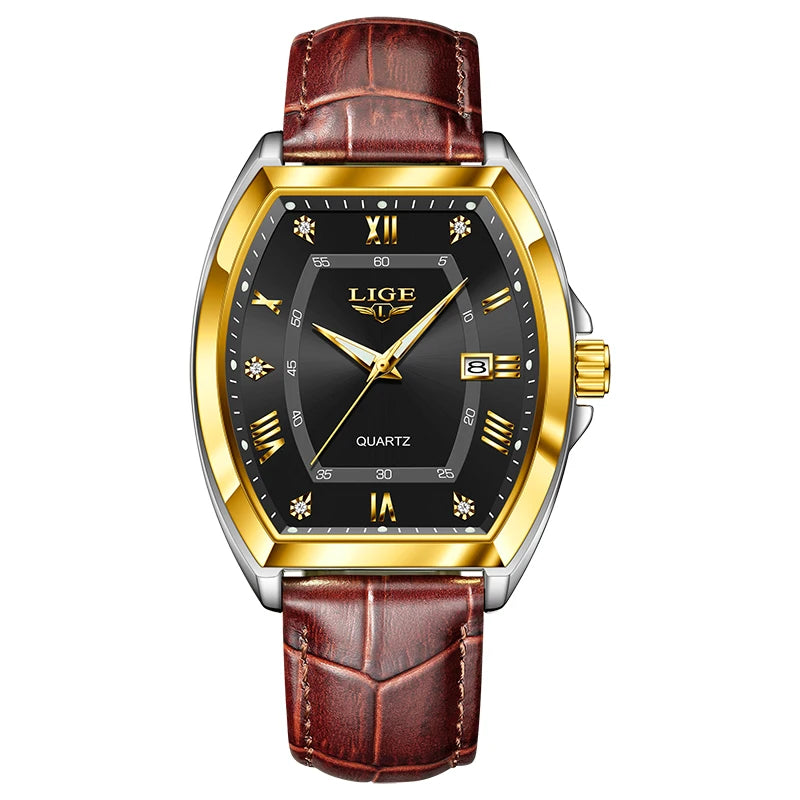 LIGE Men's Watches Luxury Original Top Brand Quartz Watch for Men Leather Waterproof Luminous Diamond Dial Date Male Wristwatch