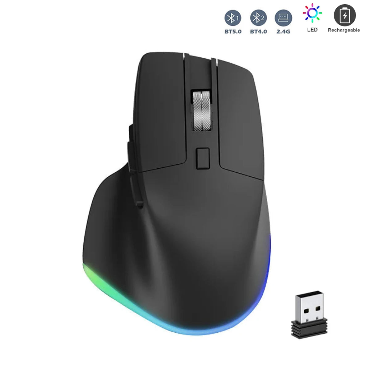 2.4G+BT Wireless 6D Ergonomic Gaming Mouse Optical RGB Backlit 2400CPI Rechargeable Stock 7 Buttons for Laptop/Desktop/Tablet