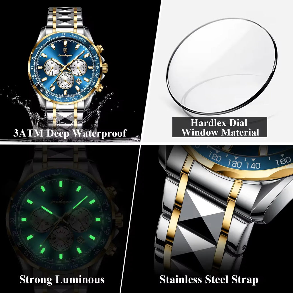 POEDAGAR 815 Sports Quartz Watches Men Stainless Steel Waterproof Calendar Watch Wrist Luminous Hands Men's Watches Reloj Clock