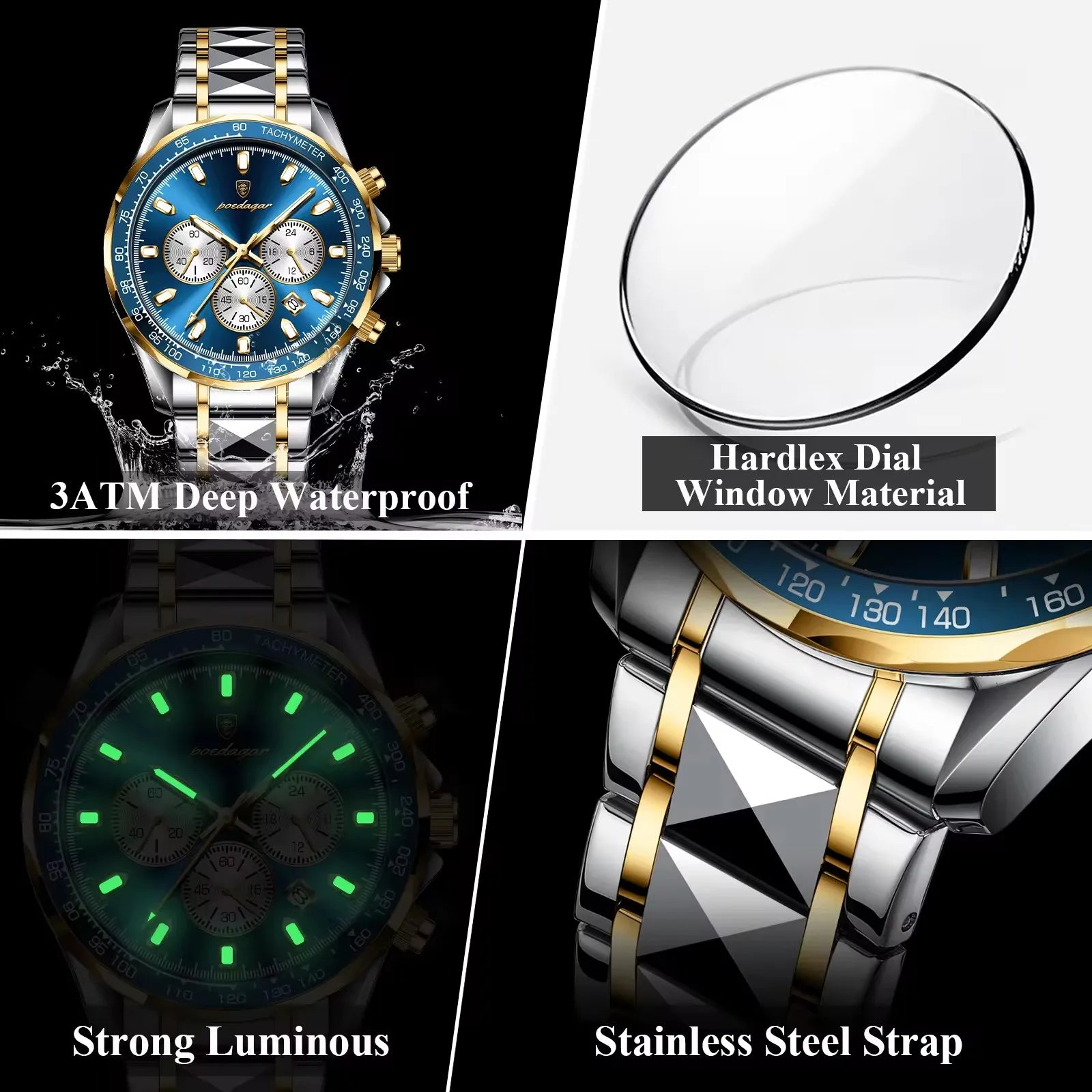 POEDAGAR 815 Sports Quartz Watches Men Stainless Steel Waterproof Calendar Watch Wrist Luminous Hands Men's Watches Reloj Clock
