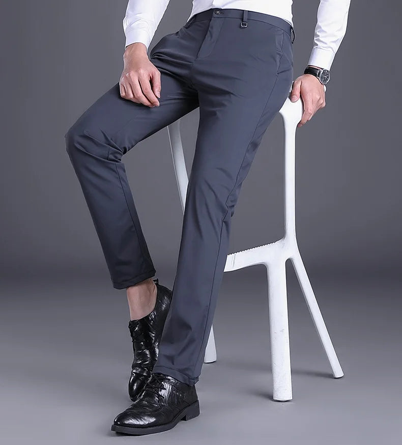 2024 Men Business Suit Pants Embroidery Ice Silk Formal Office Suit Long Trousers Stretch Slim Straight Solid Color Casual Pants