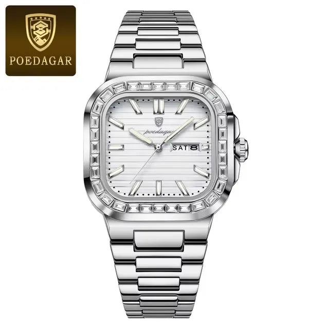 POEDAGAR New Luxury Gold Blue Quartz Watch for Men Stainless Steel Waterproof Luminous Date Week Fashion Square Men's Watches