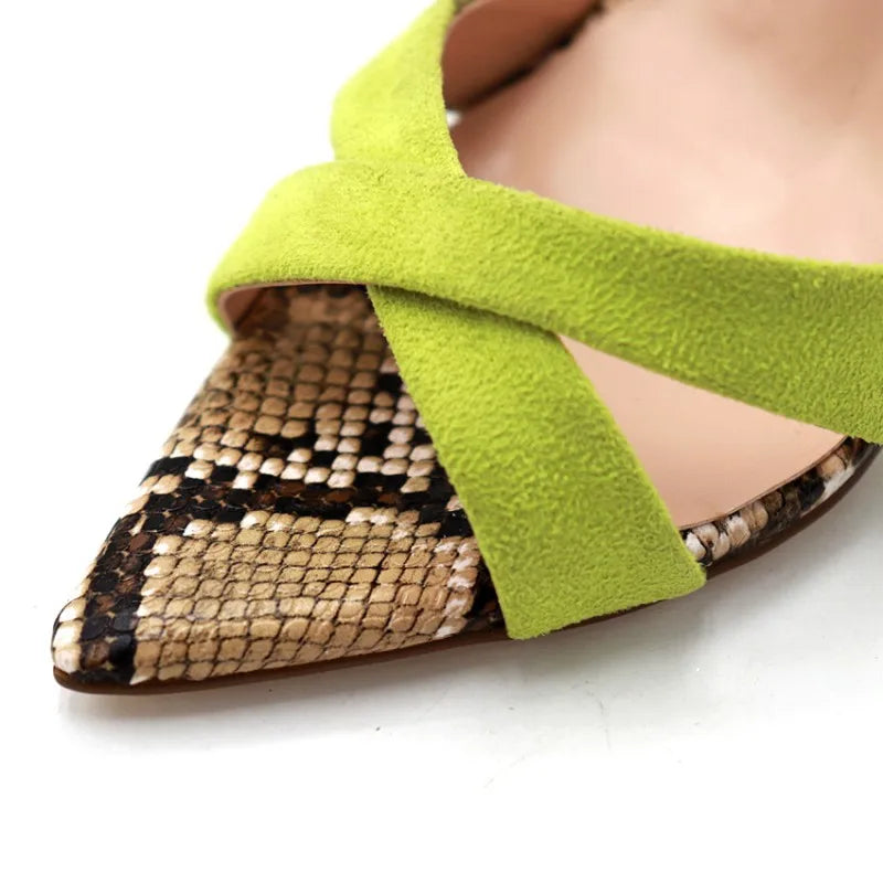 2019 Women Pointed Toe Ankle Strap Faux Suede Snake Print Stiletto High Heels Sandals
