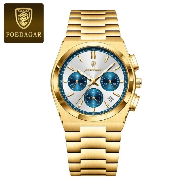 POEDAGAR 970 New Luxury Man Quartz Watch Sport Watch for Men Waterproof Luminous Date Chronograph Stainless Steel Men's Watches
