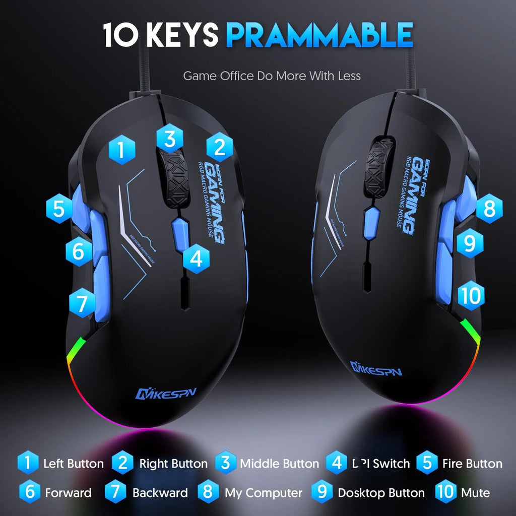 MKESPN X12 Programmable Buttons Mouse Left Right Hand Symmetrical 10-button RGB Macro Defines Gaming USB Wired 12800DPI Mouse