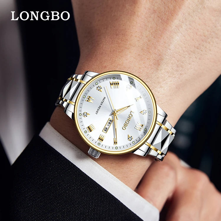 LONGBO 83702 New Arrival Quartz Men Watch Fashion Classic Stainless Steel Diamond Dial Gold Belt Dual Calendar for Men's Watches