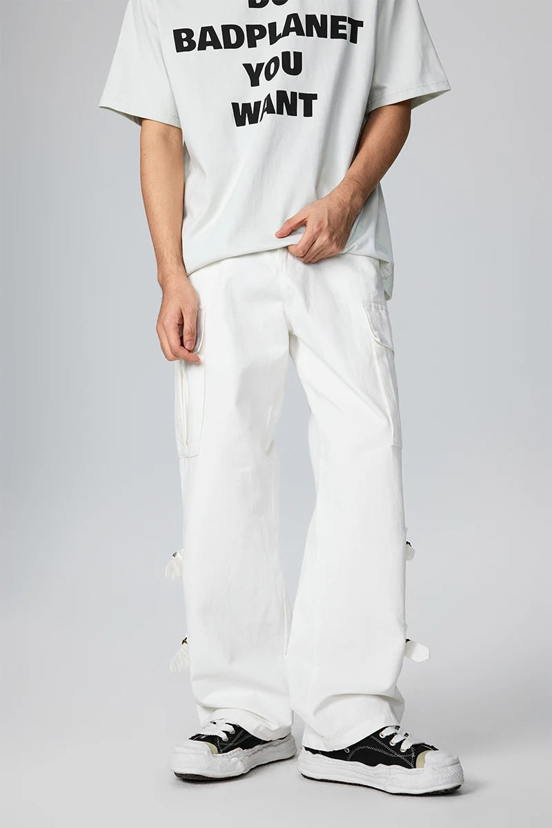 High Street Cotton White Multi-functional Cargo Casual Pants Fashion Loose Custom Designer Stone Washed Straight Jeans for Men