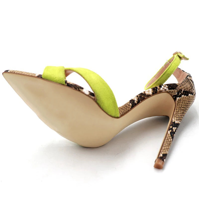 2019 Women Pointed Toe Ankle Strap Faux Suede Snake Print Stiletto High Heels Sandals