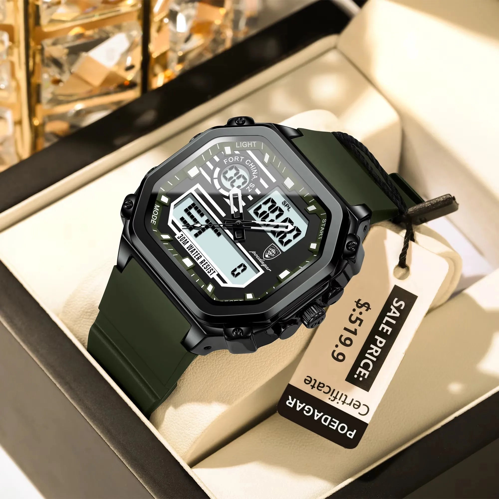 POEDAGAR 993 Sports LED Men Watch Waterproof Luminous Week Date Square Wristwatch Silicone Strap Electronic Quartz Men's Watches