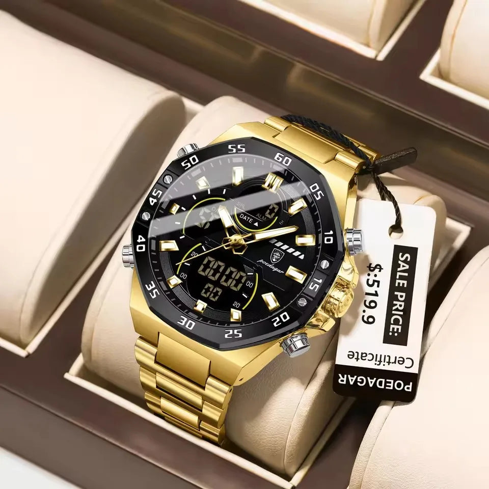 POEDAGAR E101 Man Waterproof Luminous Hand Date Watch Men's Watches Quartz Digital Electronic Stainless Steel Wristwatch for Men