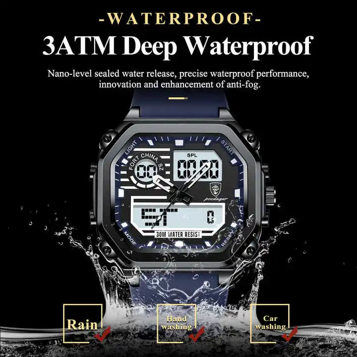 POEDAGAR 993 Sports LED Men Watch Waterproof Luminous Week Date Square Wristwatch Silicone Strap Electronic Quartz Men's Watches