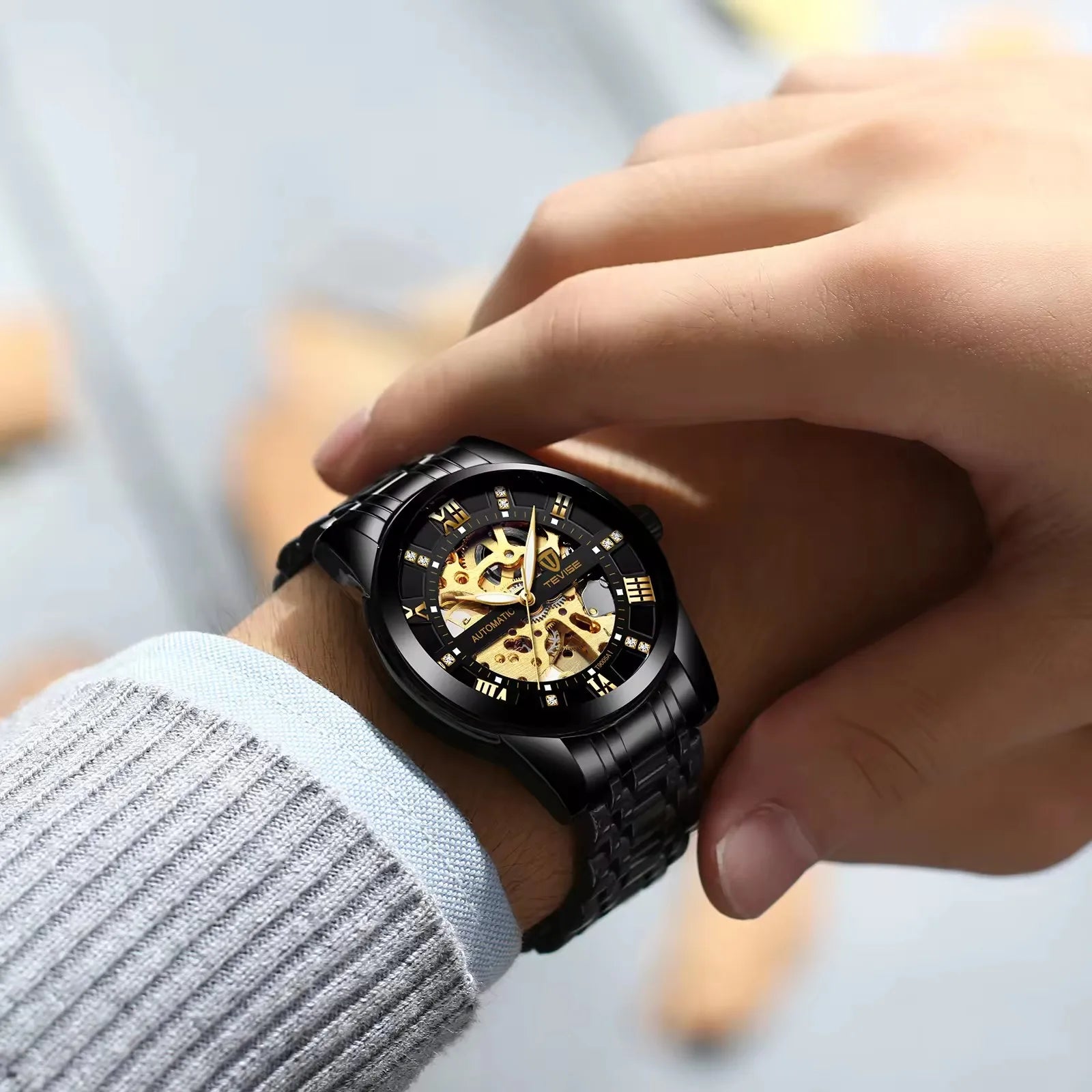 TEVISE T9005A Automatic 3ATM Waterproof Mechanical Roman Digital 9005A Luminous Function Hollow Stainless Steel Men's Watches