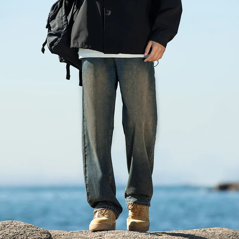 ANSZKTN American High Street Gradient Jeans Fashionable Autumn and Winter Unisex Loose Straight Leg Men's Casual Pants