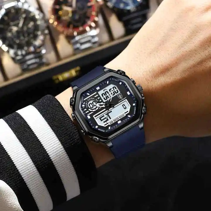 POEDAGAR 993 Sports LED Men Watch Waterproof Luminous Week Date Square Wristwatch Silicone Strap Electronic Quartz Men's Watches