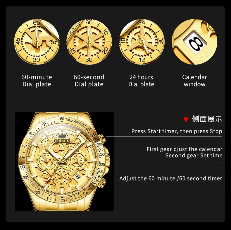 OLEVS Men's Watches Stainless Steel Quartz Watch for Men Waterproof Luminous Chronograph Calendar Men's Wristwatch Gold White