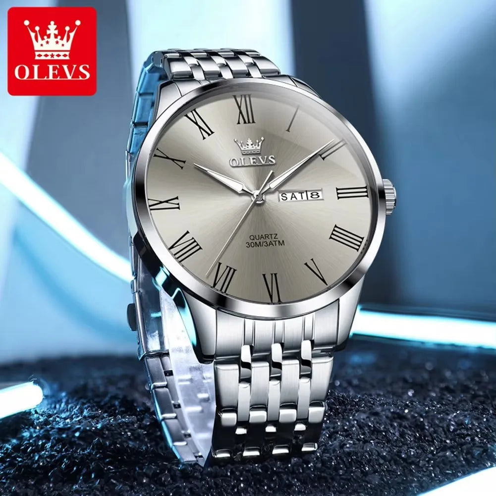 OLEVS 3633 Men's Watches Stainless Steel Business Quartz Watch for Man Waterproof Luminous Dual Calendar Display Wristwatch