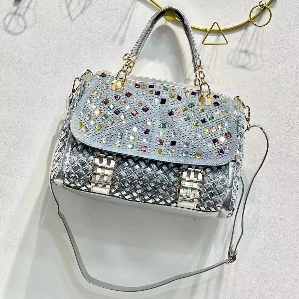 Renovate Denim Jean Casual Women Handbags Designer Shoulder Bags Rhinestone Decorative Womens Messenger Bag Totes