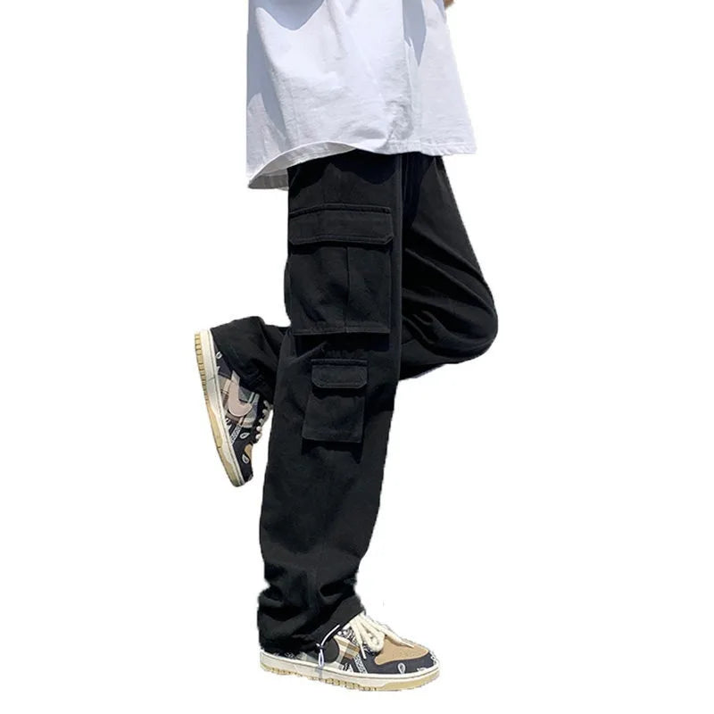 ANSZKTN Cargo Pants Men's Casual Pants Summer High Street Loose Retro Black Drawstring Tie Foot Pants
