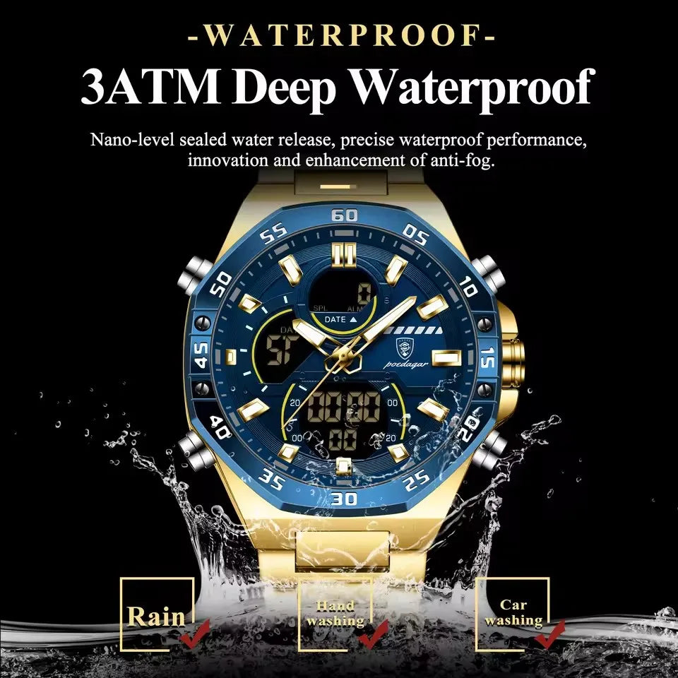 POEDAGAR E101 Electronic Stainless Wristwatch Men's Watches Quartz Digital Man Waterproof Luminous Hand Date Watch for Men Reloj