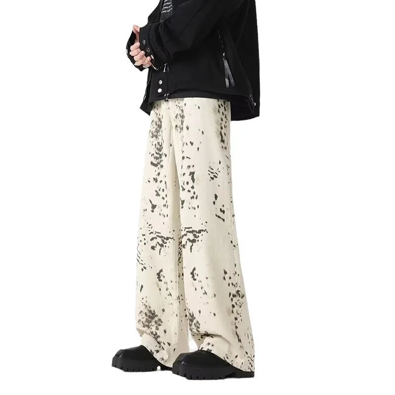 High Street Leopard Print Jeans Women's Street Spring and Autumn Style Wide Leg Pants Loose Casual Pants Denim