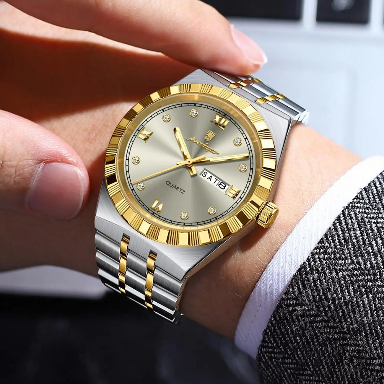 POEDAGAR 872 Week Date Watch Men Life Waterproof Original Diamond Wristwatch Quartz Reloj Luminous Stainless Steel Men's Watches