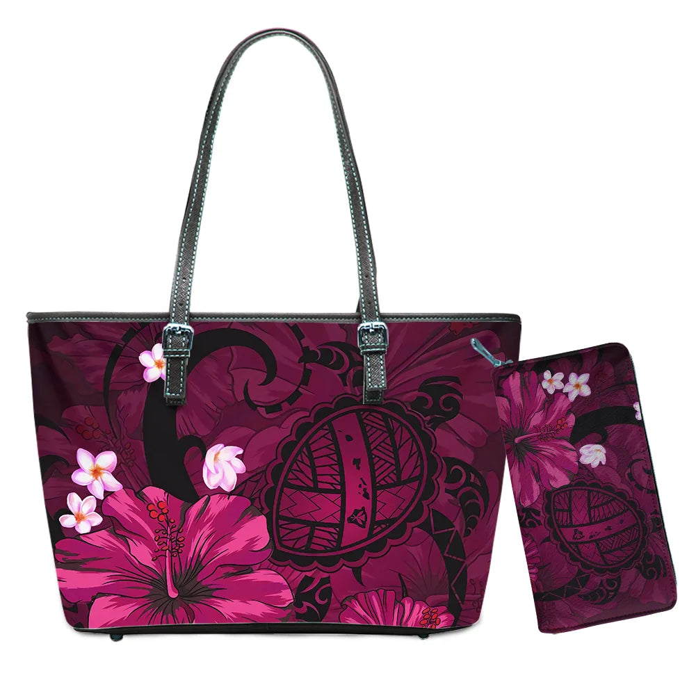 Hawaiian Flower Polynesian Design Print Women Handbags and Purses Set Customized Large Leather Tote Matching Long Zipper Wallet