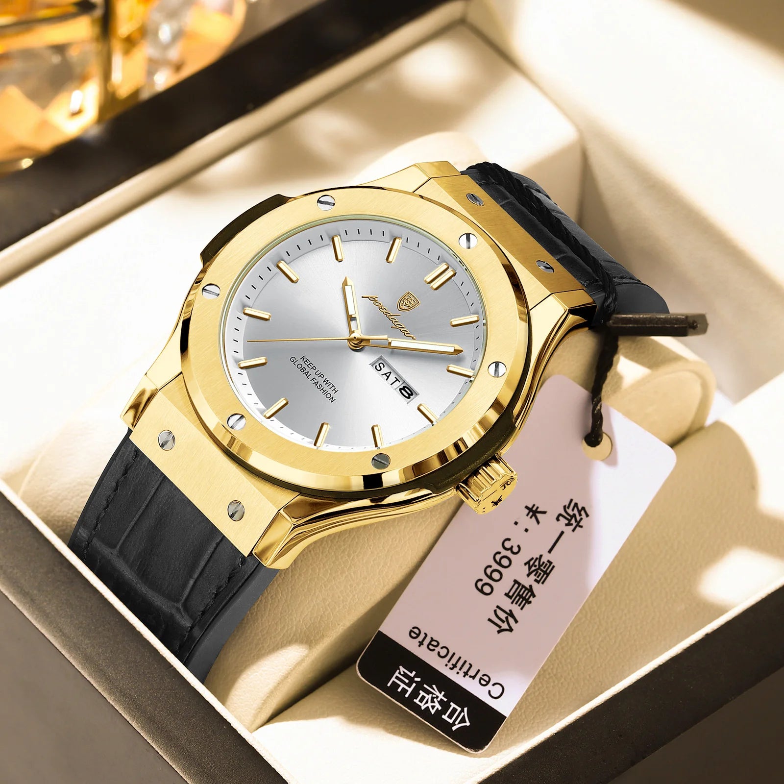 POEDAGAR Fashion Men's Watches Trend Classic Classic Quartz Watch for Man Waterproof Luminous Week Date Wristwatch Leather 952