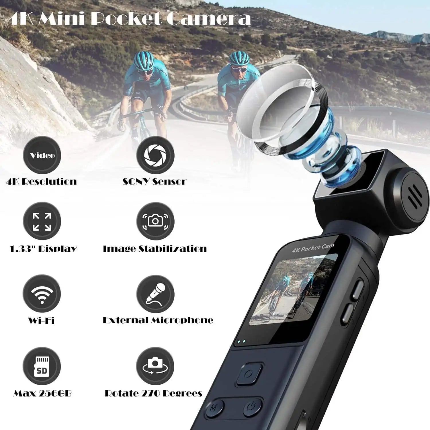 4K Sport Action Camera Built-in Memory Lightweight Screen Rotate 170° Rotation Camera Wifi Connectivity CMOS Imaging