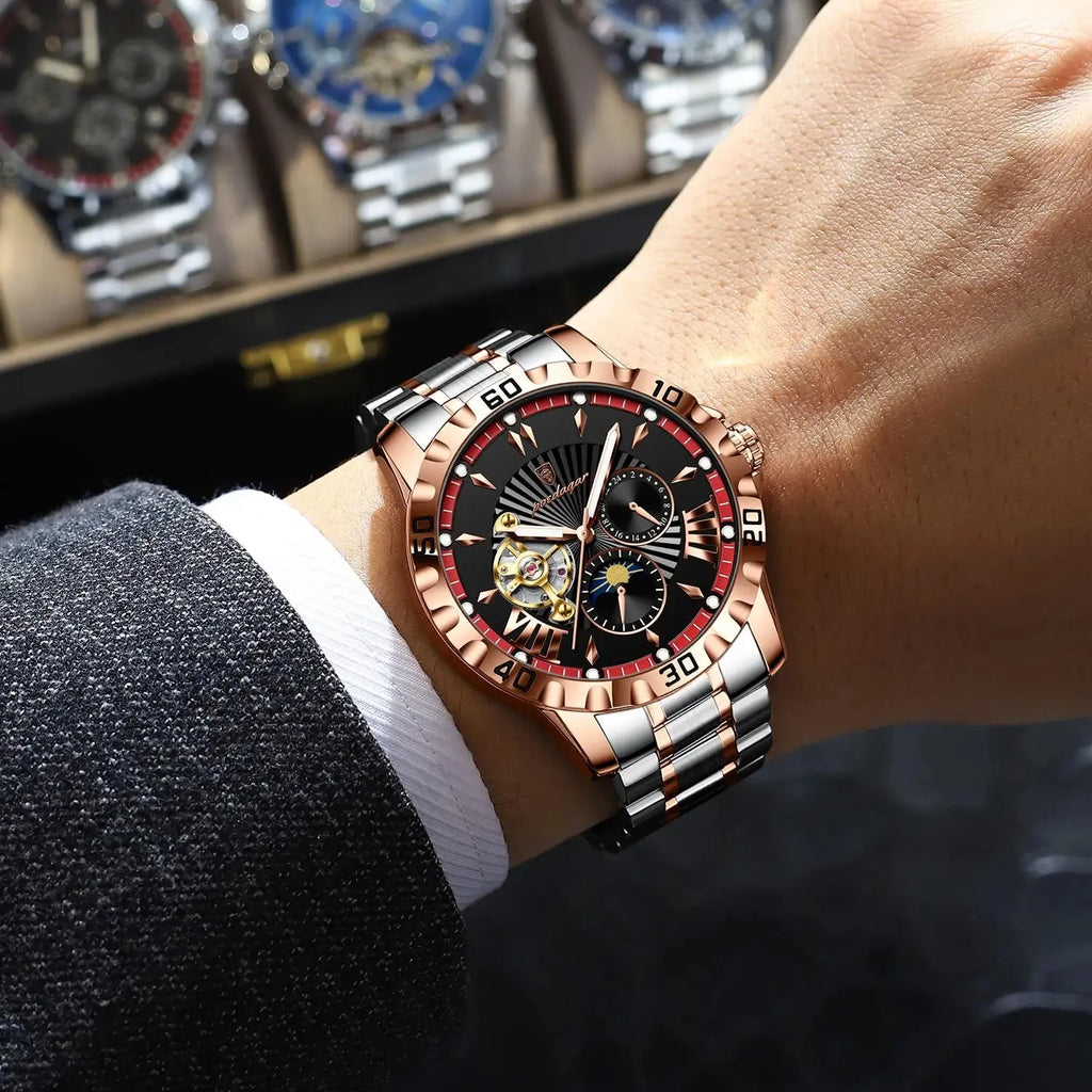 POEDAGAR 1415 Automatic Mechanical Man Watch Waterproof Luxury Men Hollow Out Tourbillon Luminous Stainless Steel Men's Watches