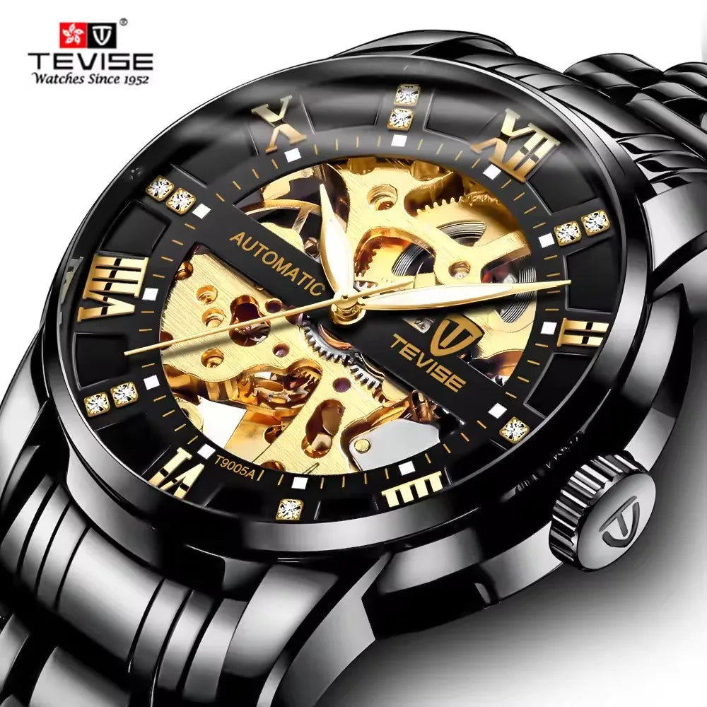 TEVISE T9005A 9005A Mechanical Roman Digital Hollow Luminous Function Automatic 3ATM Waterproof Stainless Steel Men's Watches