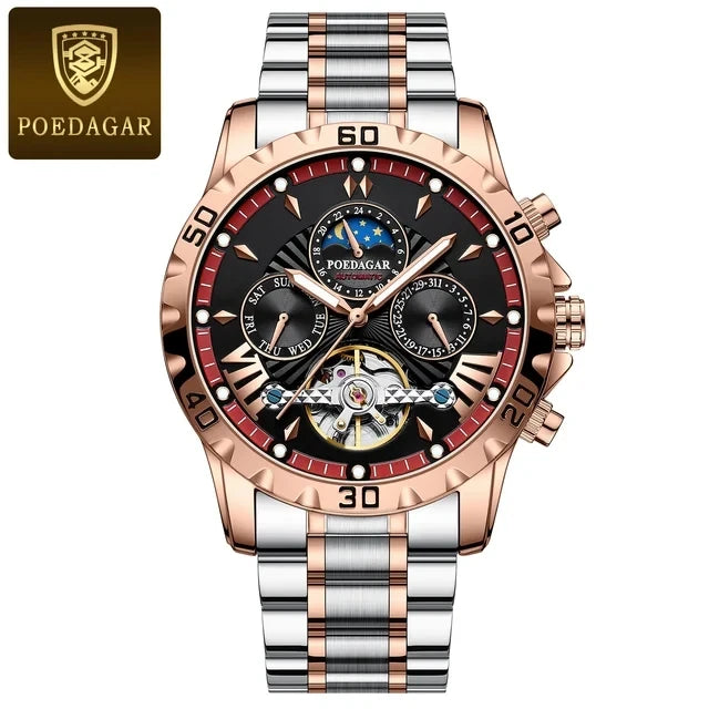 POEDAGAR Luxury Automatic Mechanical Men Watch Tourbillon Waterproof Luminous Date Week Wristwatch Stainless Steel Men's Watches