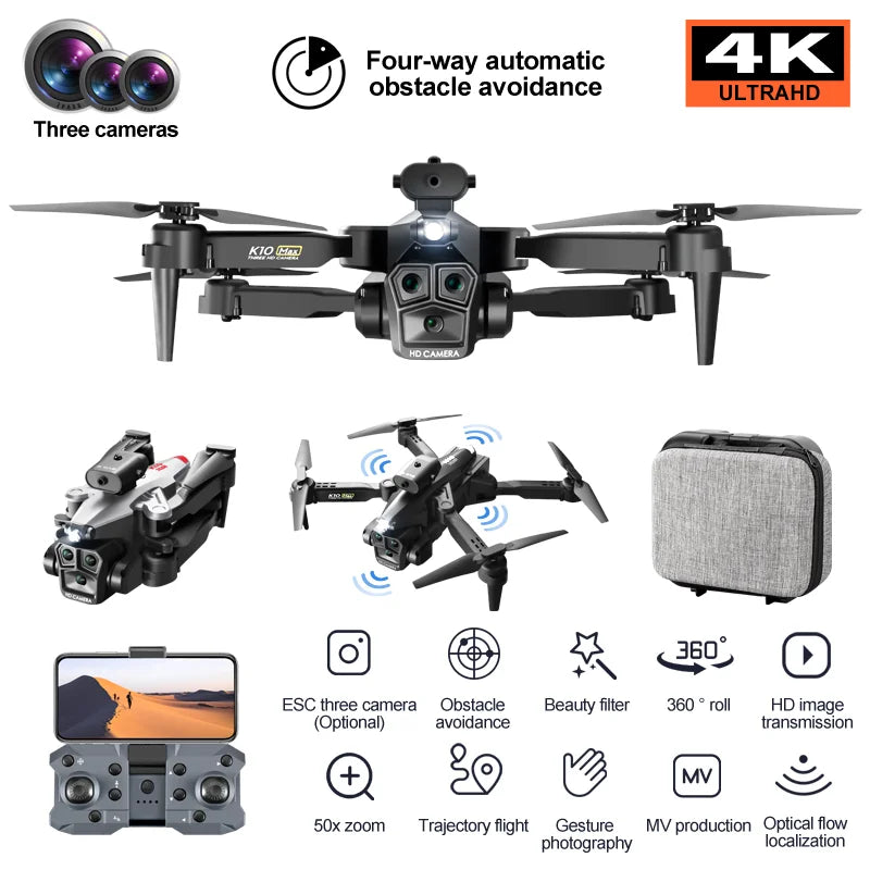 K10 Max Mini Foldable Drone With 4k Camera and GPS Long Range With Three Camera Wifi Aircraft Optical Flow Quadcopter Drone