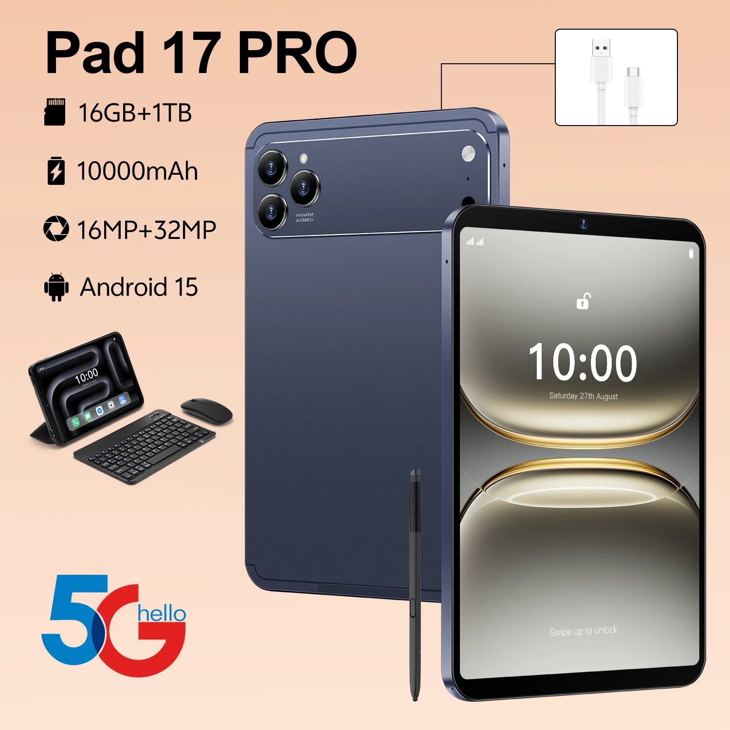 New Pad 17 Pro Educational Tablet PC 10.1" 2560x1600 Capacitive Screen 16GB Storage 5G/4G/3G/Wi-Fi Android 15 Dual Core 1.5GHz