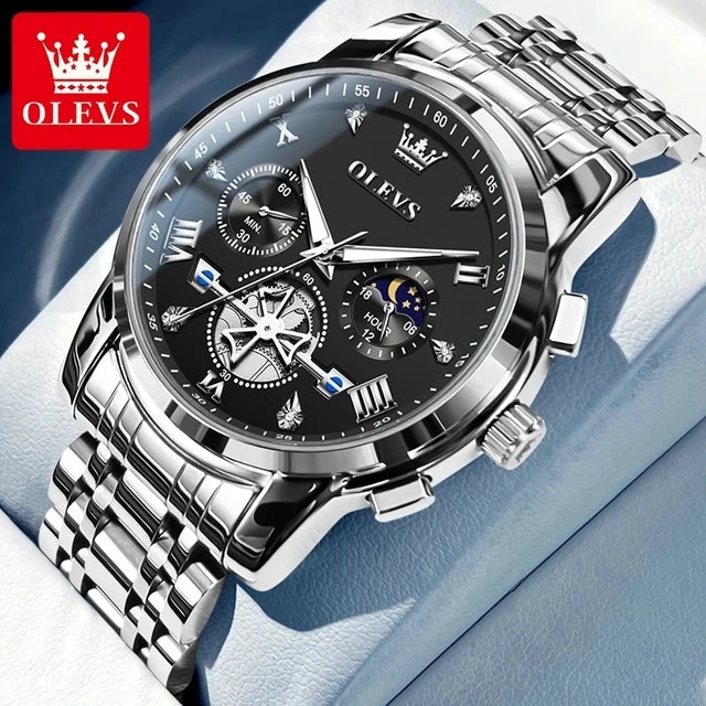 OLEVS 2856 Men's Watches Classic Multifunctional Flywheel Design Stainless Steel Waterproof Moon Phase Men's Wristwatches Trend