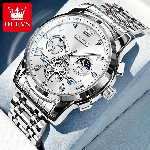 OLEVS 2856 Men's Watches Classic Multifunctional Flywheel Design Stainless Steel Waterproof Moon Phase Men's Wristwatches Trend