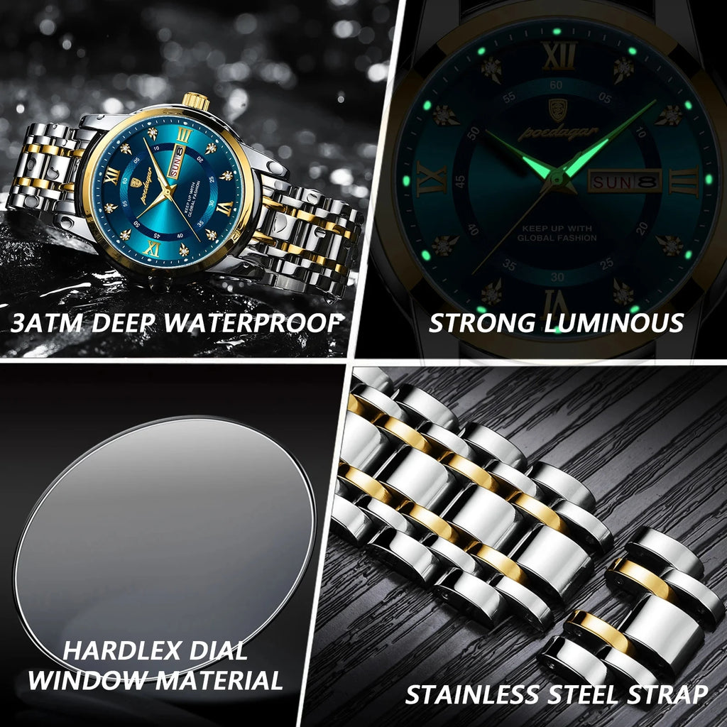 POEDAGAR Watch for Man Elegant Date Week Waterproof Luminous Men Watch Quartz Stainless Steel Sports Men's Watches Reloj 936