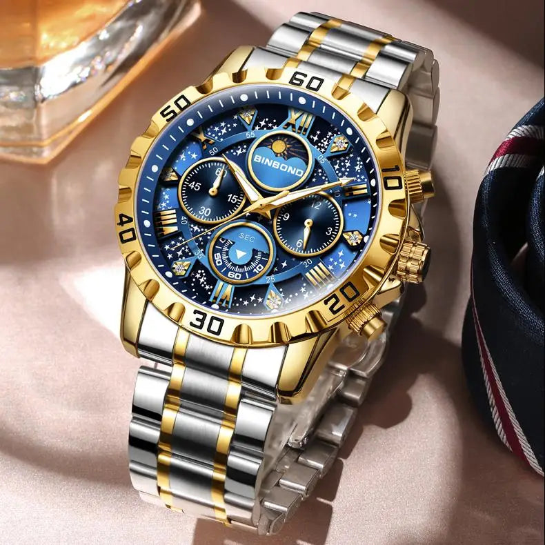 Binbond B7741 7741 Original Men Clock Sports Waterproof Luminous Chronograph Date Stainless Steel Quartz Men's Watches Reloj