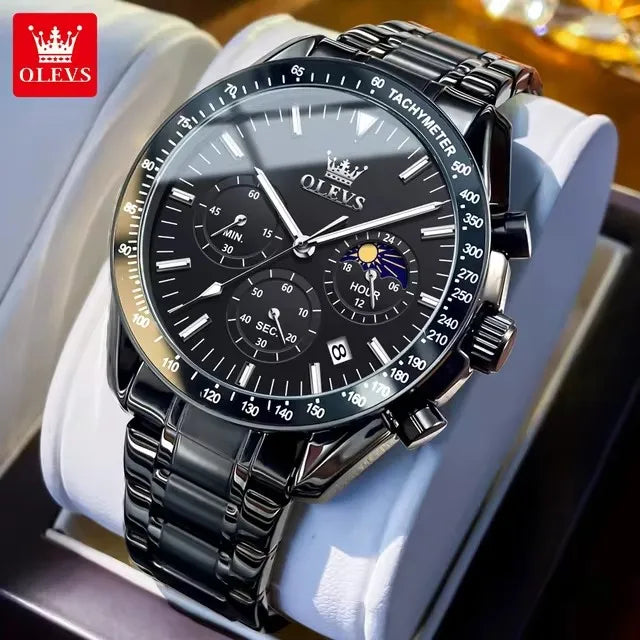 OLEVS Watch for Men 3618 Quartz Stainless Steel Waterproof Moon Phase Chronograph Man Wrist Watch Calendar Men's Watches Montre