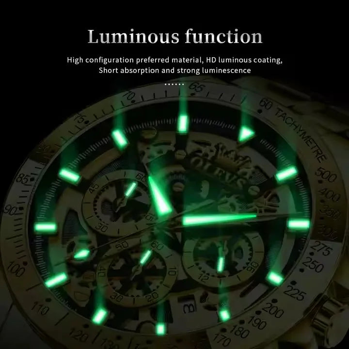 OLEVS Men's Watches Stainless Steel Quartz Watch for Men Waterproof Luminous Chronograph Calendar Men's Wristwatch Gold White