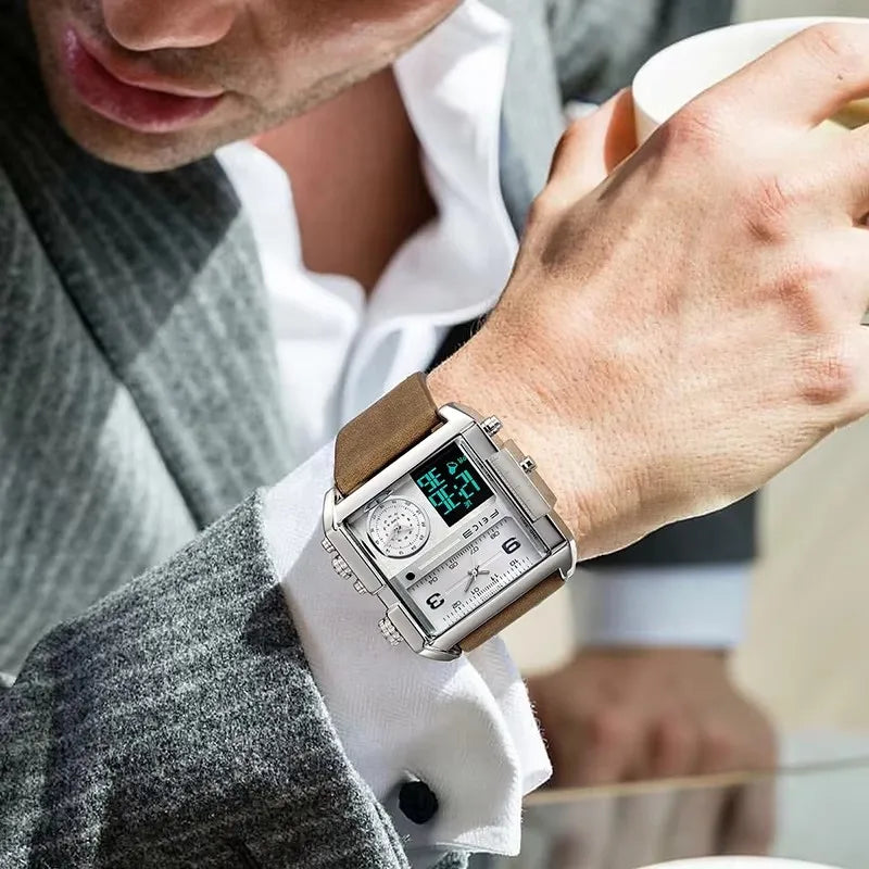 FELCE FK030 New Wristwatch Business Digital LED Leather Men's Watches Men Big Square Dial Analog Quartz 30M Waterproof Watches
