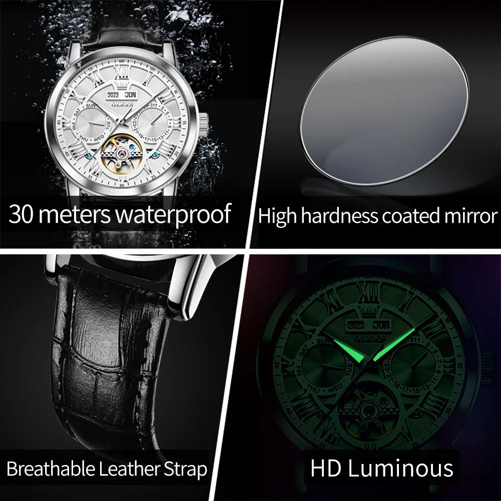 OLEVS 6668 Automatic Mechanical Men's Watches Flywheel Three Eyes Month Week Luxury Watch Automatic Mechanical SmartWatch